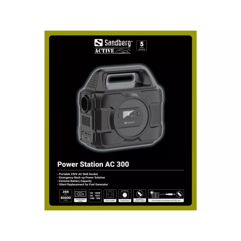 Sandberg Power Station AC 300, 80000 mAh, AC, DC, saulės, USB, 296 Wh, 300 W, 300 W, 6 A