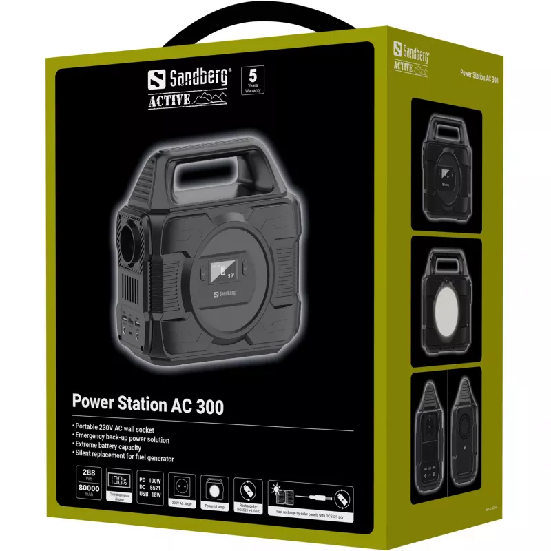 Sandberg Power Station AC 300, 80000 mAh, AC, DC, saulės, USB, 296 Wh, 300 W, 300 W, 6 A