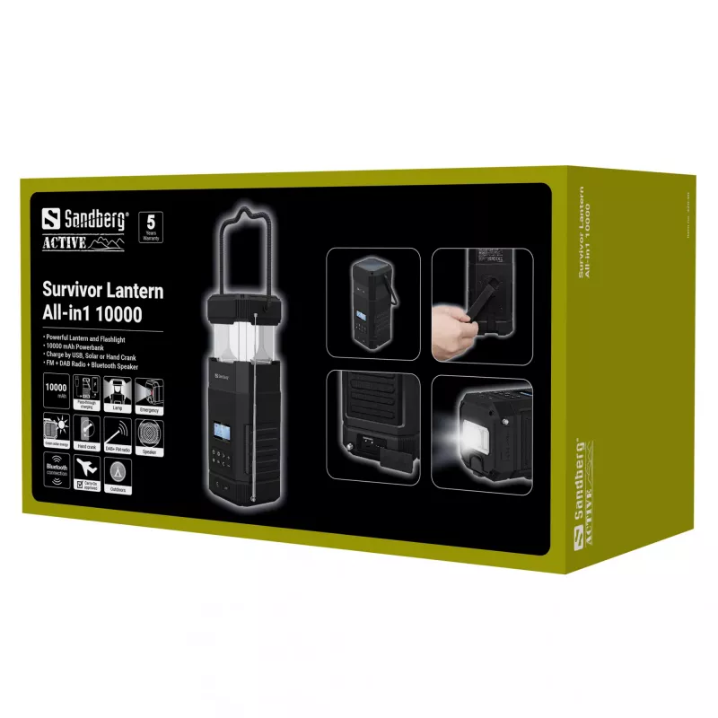 Sandberg Survivor Lantern All-in1 10000, maitinamas baterijomis stovyklavimo žibintuvėlis, juoda, IPX5, LED, USB C, baterija