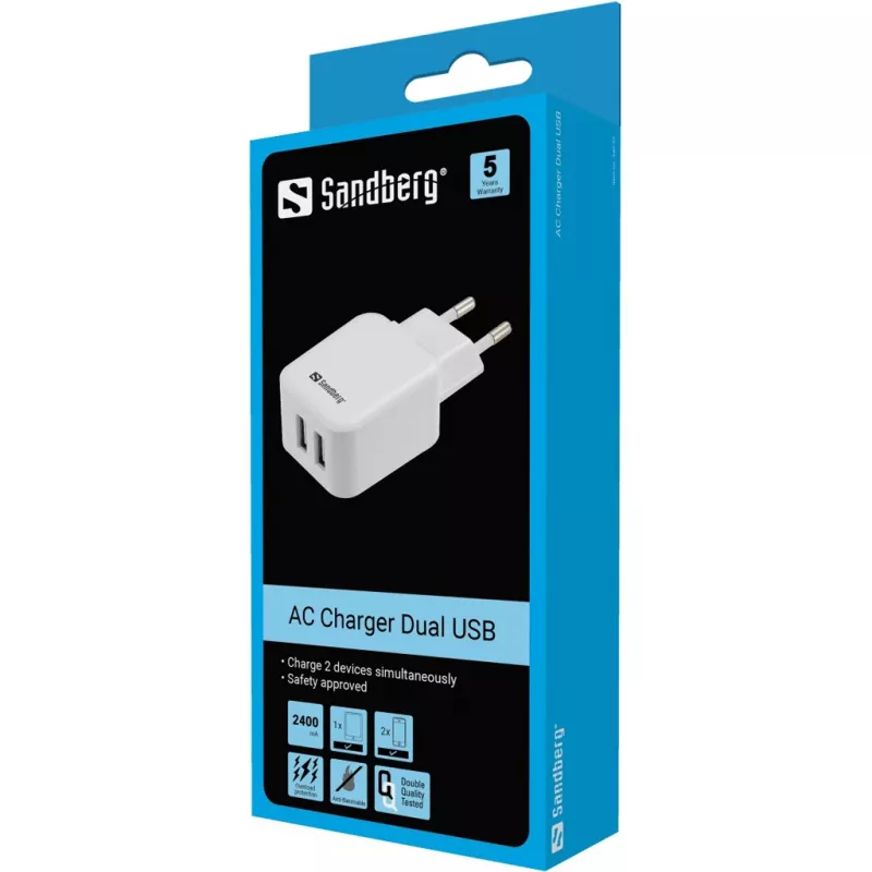 Sandberg AC Charger Dual USB 2.4+1A EU, vidinis, kintamoji srovė, USB, 5 V, juoda, balta