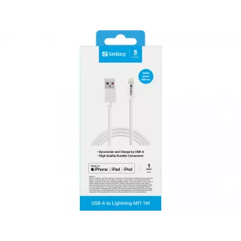 „Sandberg“ USB-A į „Lightning“ MFI 1 m, 1 m, Lightning, USB A, balta, tiesus, tiesus