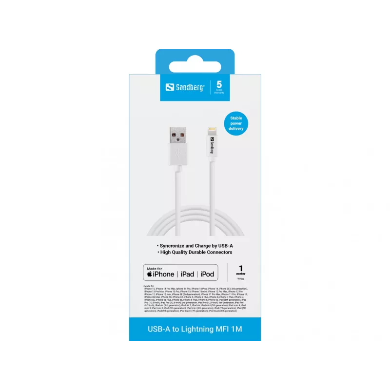 „Sandberg“ USB-A į „Lightning“ MFI 1 m, 1 m, Lightning, USB A, balta, tiesus, tiesus