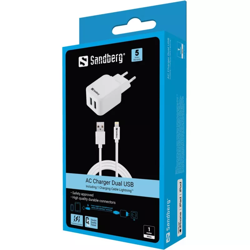 Sandberg AC Charger EU Lightning 2.4A, vidaus, AC, 5 V, baltas