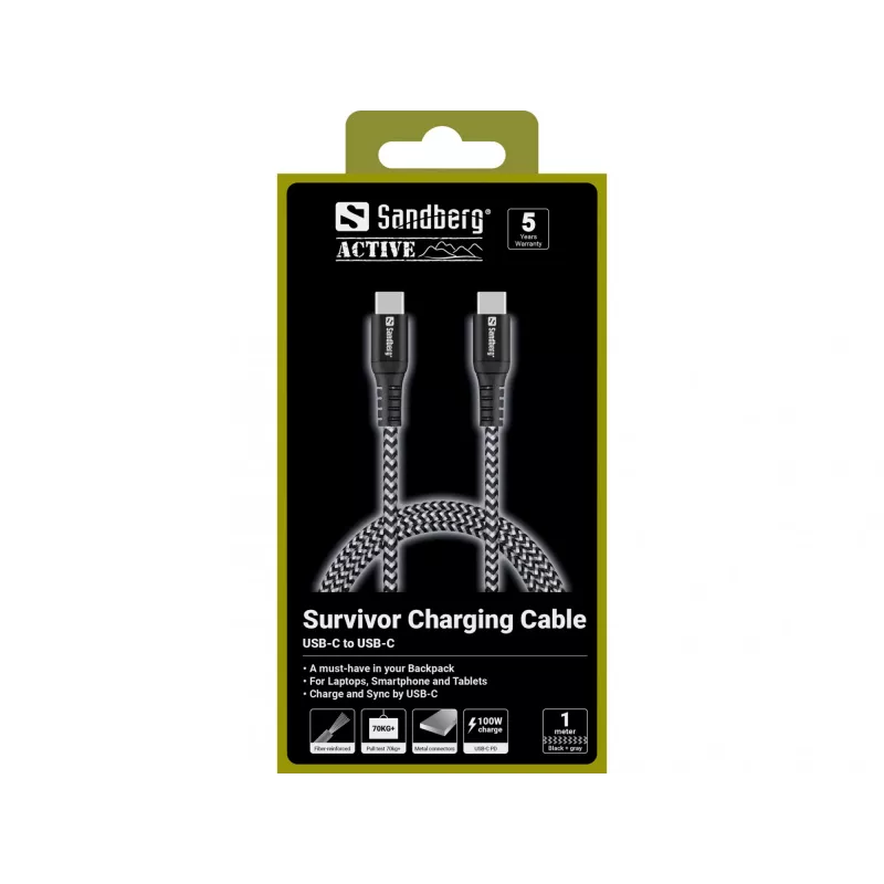 Sandberg Survivor USB-C laidas 1M 100W, 1 m, USB C, USB C, USB 2.0, juoda, pilka