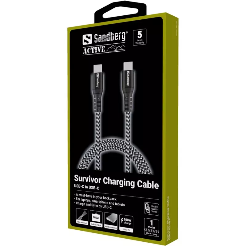 Sandberg Survivor USB-C laidas 1M 100W, 1 m, USB C, USB C, USB 2.0, juoda, pilka
