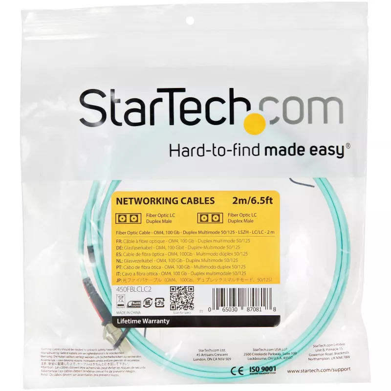 StarTech.com 2 m (6 pėd.) LC/UPC į LC/UPC OM4 daugiamodis šviesolaidinis kabelis, 50/125 µm LOMMF/VCSEL užtrauktuko pluošto, 100G, mažas įterpimo nuostolis - LSZH šviesolaidinis trumpiklis