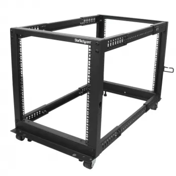 StarTech.com 4-Post 12U Mobile Open Frame Server Rack, Four Post 19 inch Network Rack with Wheels, Rolling Rack with Adjustable Depth for Computer/AV/Data/IT Equipment - Casters, Leveling Feet or Floor Mounting