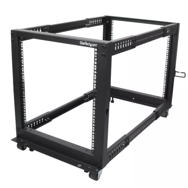 StarTech.com 4-Post 12U Mobile Open Frame Server Rack, Four Post 19 inch Network Rack with Wheels, Rolling Rack with Adjustable Depth for Computer/AV/Data/IT Equipment - Casters, Leveling Feet or Floor Mounting