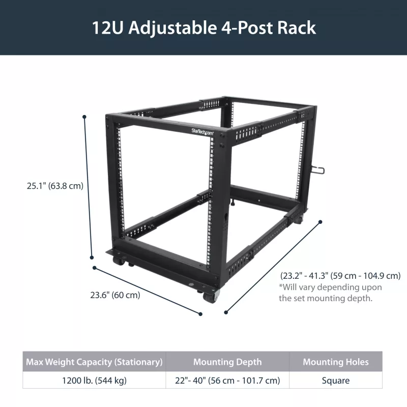 StarTech.com 4-Post 12U Mobile Open Frame Server Rack, Four Post 19 inch Network Rack with Wheels, Rolling Rack with Adjustable Depth for Computer/AV/Data/IT Equipment - Casters, Leveling Feet or Floor Mounting