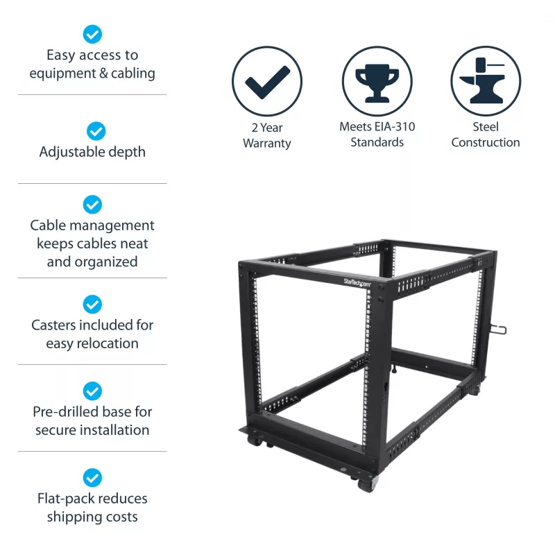 StarTech.com 4-Post 12U Mobile Open Frame Server Rack, Four Post 19 inch Network Rack with Wheels, Rolling Rack with Adjustable Depth for Computer/AV/Data/IT Equipment - Casters, Leveling Feet or Floor Mounting