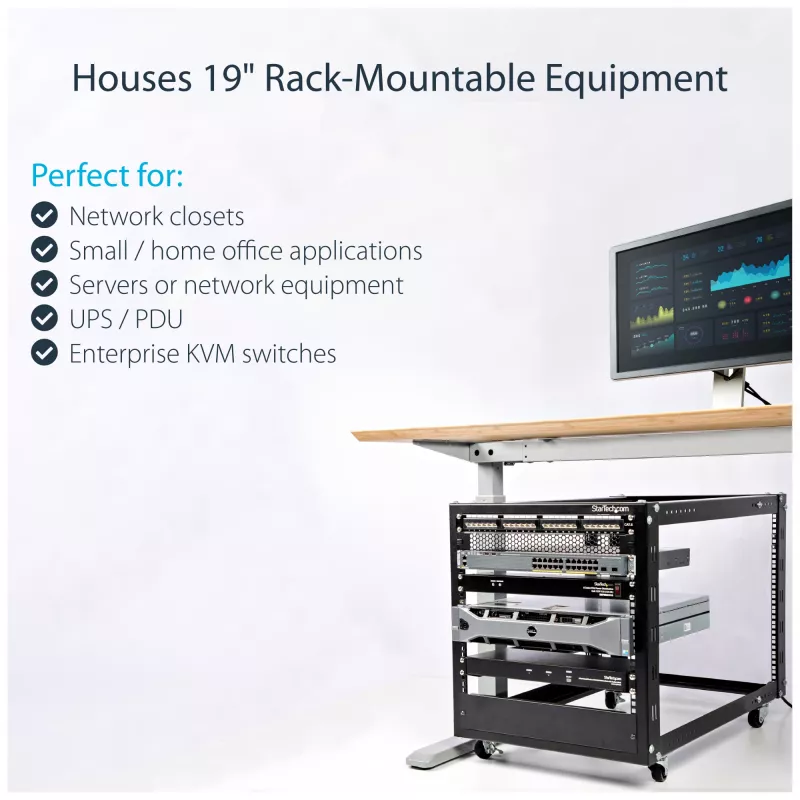 StarTech.com 4-Post 12U Mobile Open Frame Server Rack, Four Post 19 inch Network Rack with Wheels, Rolling Rack with Adjustable Depth for Computer/AV/Data/IT Equipment - Casters, Leveling Feet or Floor Mounting