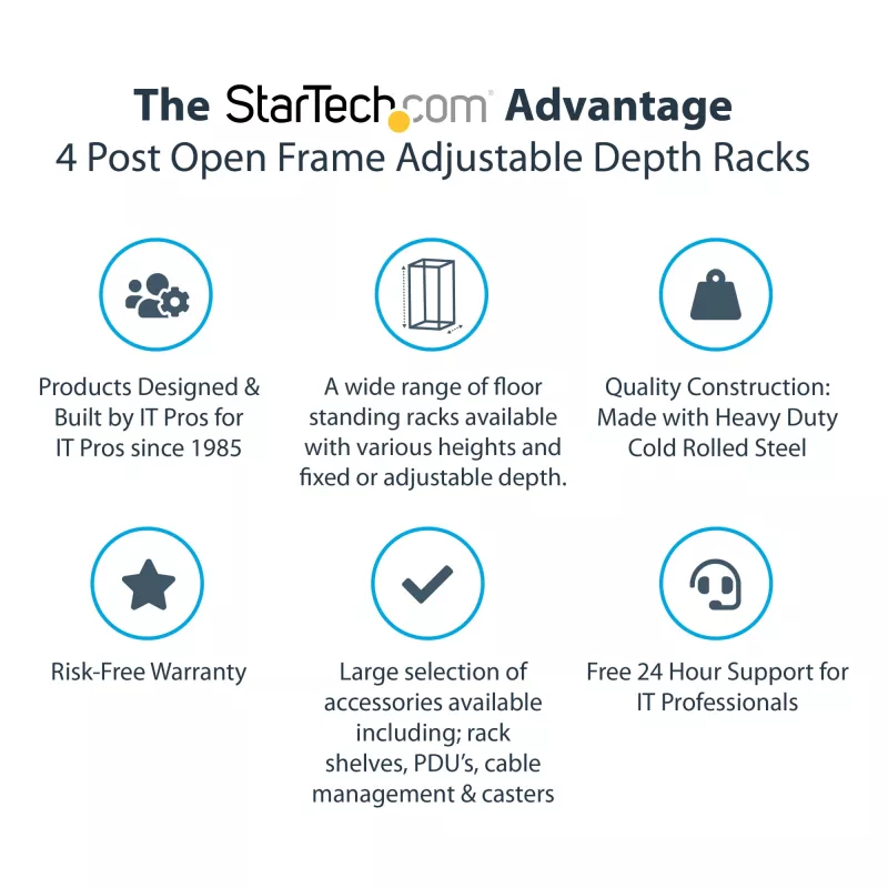 StarTech.com 4-Post 12U Mobile Open Frame Server Rack, Four Post 19 inch Network Rack with Wheels, Rolling Rack with Adjustable Depth for Computer/AV/Data/IT Equipment - Casters, Leveling Feet or Floor Mounting
