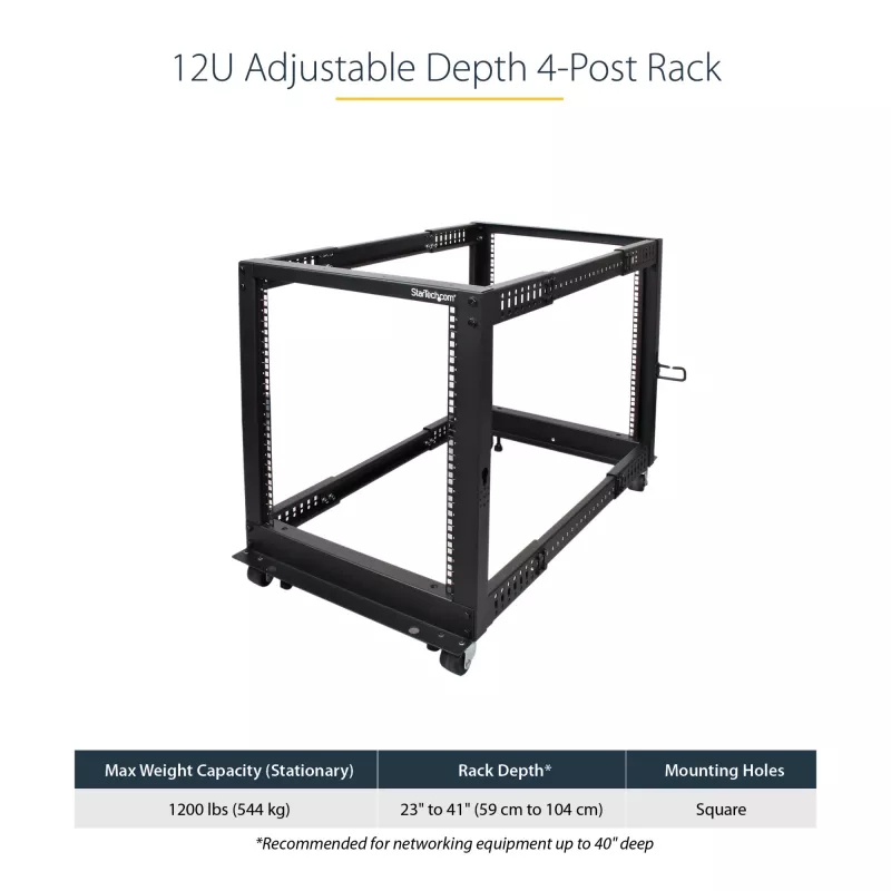 StarTech.com 4-Post 12U Mobile Open Frame Server Rack, Four Post 19 inch Network Rack with Wheels, Rolling Rack with Adjustable Depth for Computer/AV/Data/IT Equipment - Casters, Leveling Feet or Floor Mounting