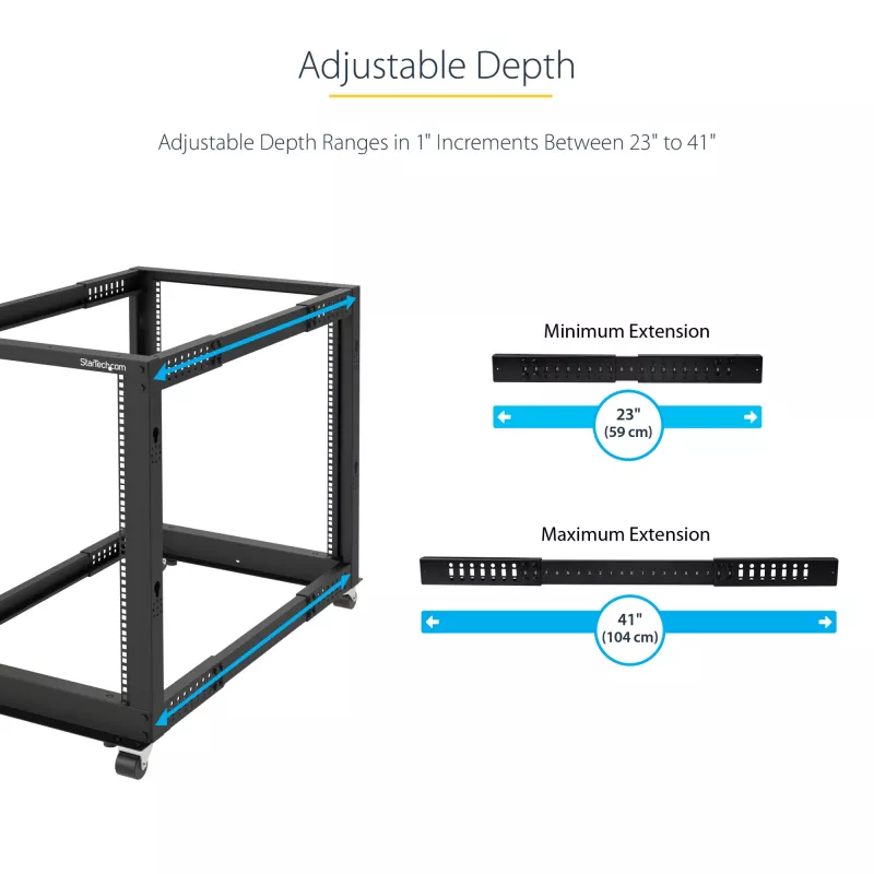 StarTech.com 4-Post 12U Mobile Open Frame Server Rack, Four Post 19 inch Network Rack with Wheels, Rolling Rack with Adjustable Depth for Computer/AV/Data/IT Equipment - Casters, Leveling Feet or Floor Mounting