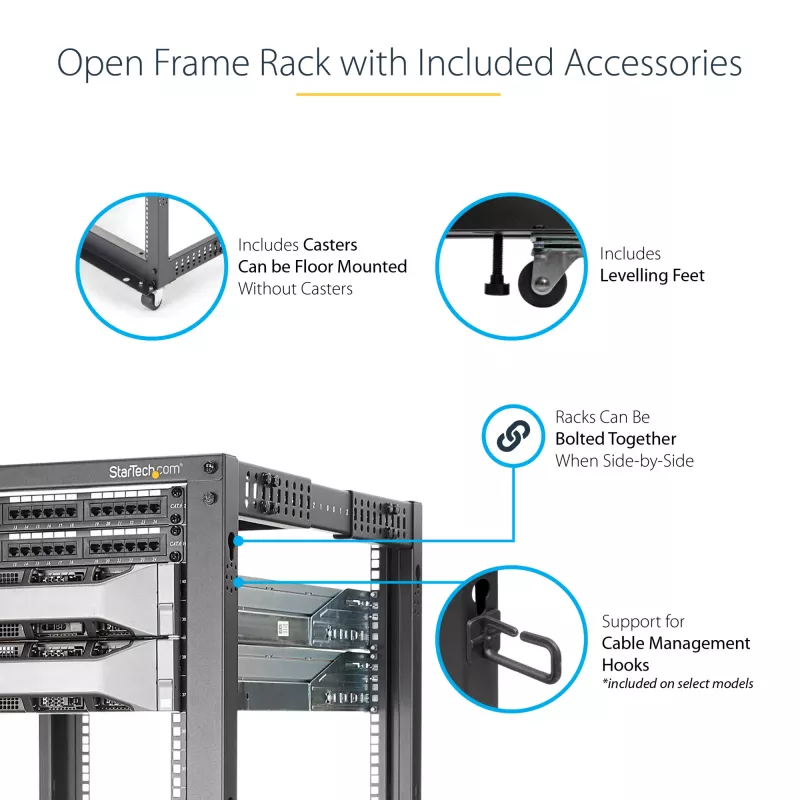 StarTech.com 4-Post 12U Mobile Open Frame Server Rack, Four Post 19 inch Network Rack with Wheels, Rolling Rack with Adjustable Depth for Computer/AV/Data/IT Equipment - Casters, Leveling Feet or Floor Mounting