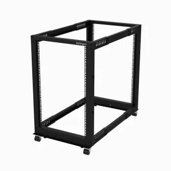 StarTech.com 4-Post 18U Mobile Open Frame Server Rack, Four Post 19 inch Network Rack with Wheels, Rolling Rack with Adjustable Depth for Computer/AV/Data/IT Equipment - Casters, Leveling Feet or Floor Mounting