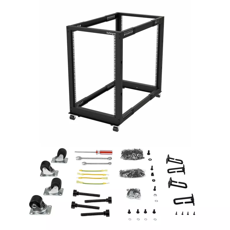 StarTech.com 4-Post 18U Mobile Open Frame Server Rack, Four Post 19 inch Network Rack with Wheels, Rolling Rack with Adjustable Depth for Computer/AV/Data/IT Equipment - Casters, Leveling Feet or Floor Mounting
