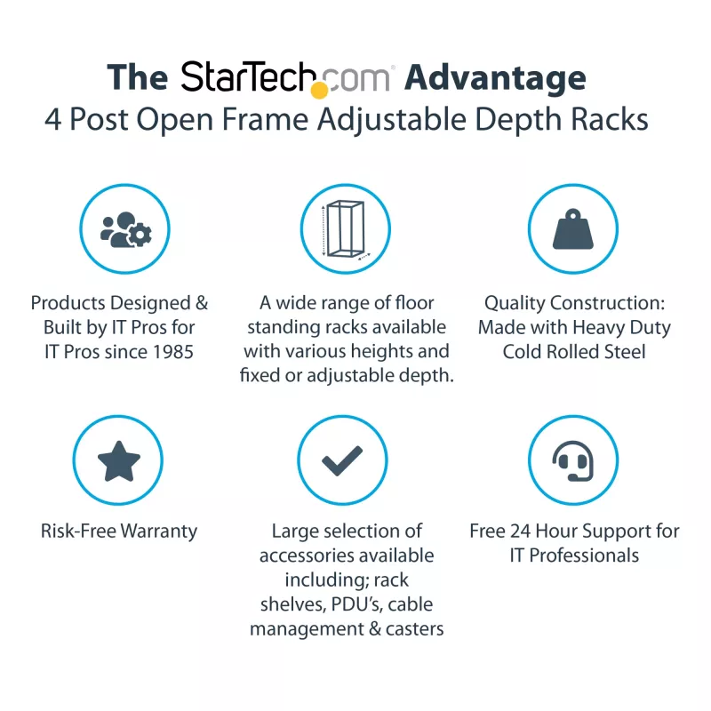 StarTech.com 4-Post 18U Mobile Open Frame Server Rack, Four Post 19 inch Network Rack with Wheels, Rolling Rack with Adjustable Depth for Computer/AV/Data/IT Equipment - Casters, Leveling Feet or Floor Mounting