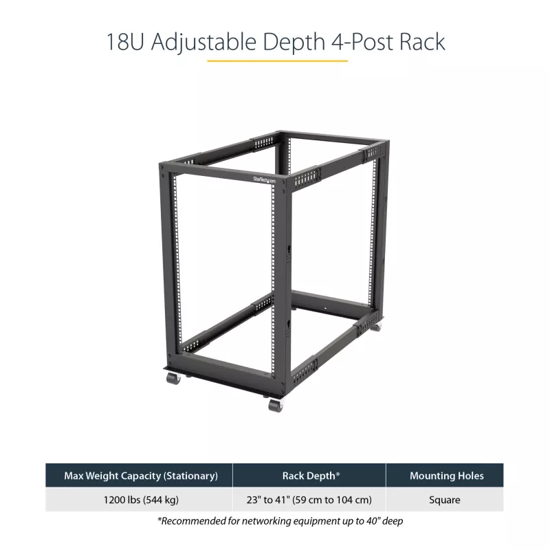 StarTech.com 4-Post 18U Mobile Open Frame Server Rack, Four Post 19 inch Network Rack with Wheels, Rolling Rack with Adjustable Depth for Computer/AV/Data/IT Equipment - Casters, Leveling Feet or Floor Mounting