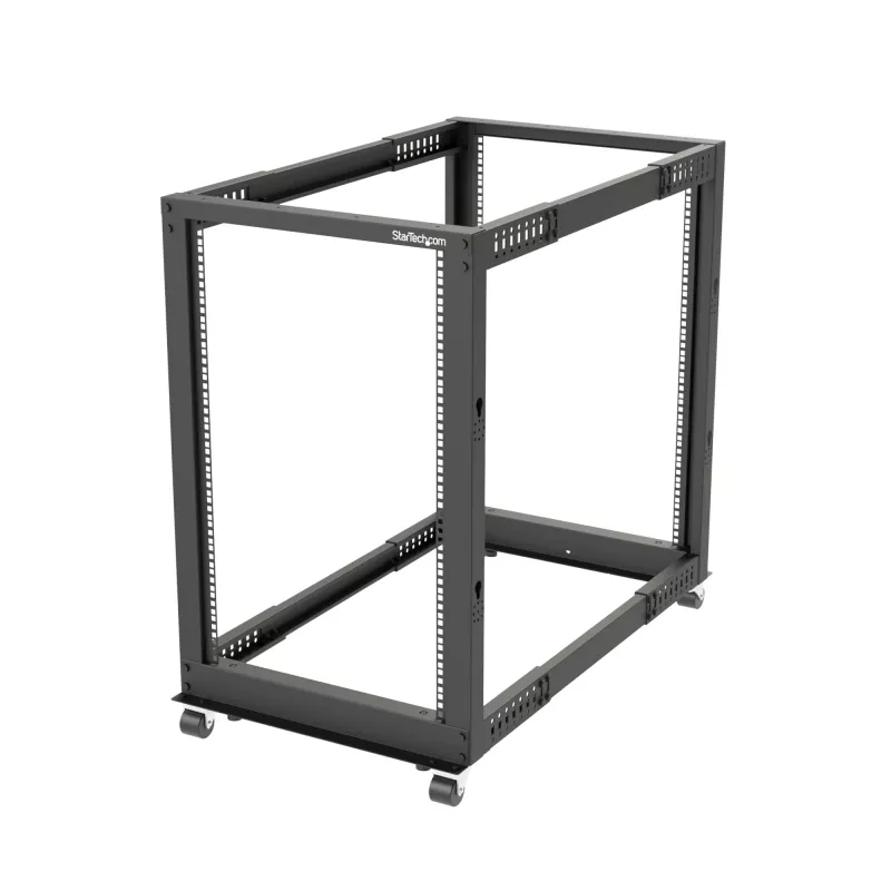 StarTech.com 4-Post 18U Mobile Open Frame Server Rack, Four Post 19 inch Network Rack with Wheels, Rolling Rack with Adjustable Depth for Computer/AV/Data/IT Equipment - Casters, Leveling Feet or Floor Mounting