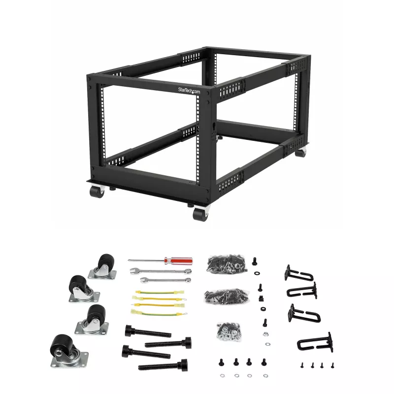 StarTech.com 4 stulpų 8U mobili atviro rėmo serverių spinta, keturių stulpų 19 colių tinklo spinta su ratukais, maža riedanti spinta su reguliuojamu gyliu kompiuterinei/AV/duomenų/IT įrangai - ratukai, išlyginamosios kojelės arba montavimas ant grindų