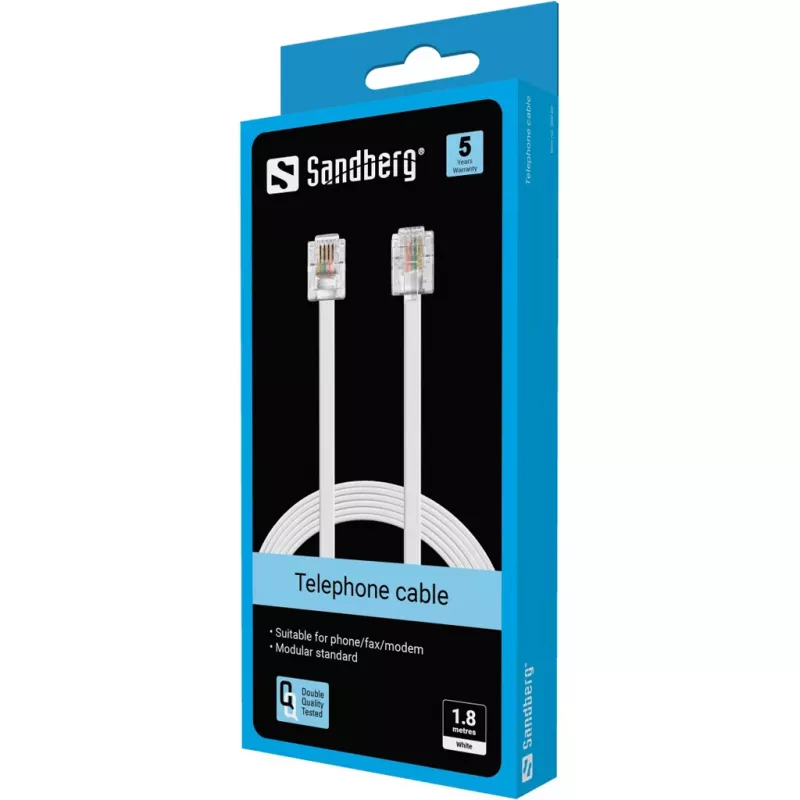 Sandberg telefono kabelis RJ11-RJ11 1,8 m, 1,8 m, RJ11, RJ11, Kištukas, Kištukas, Baltas