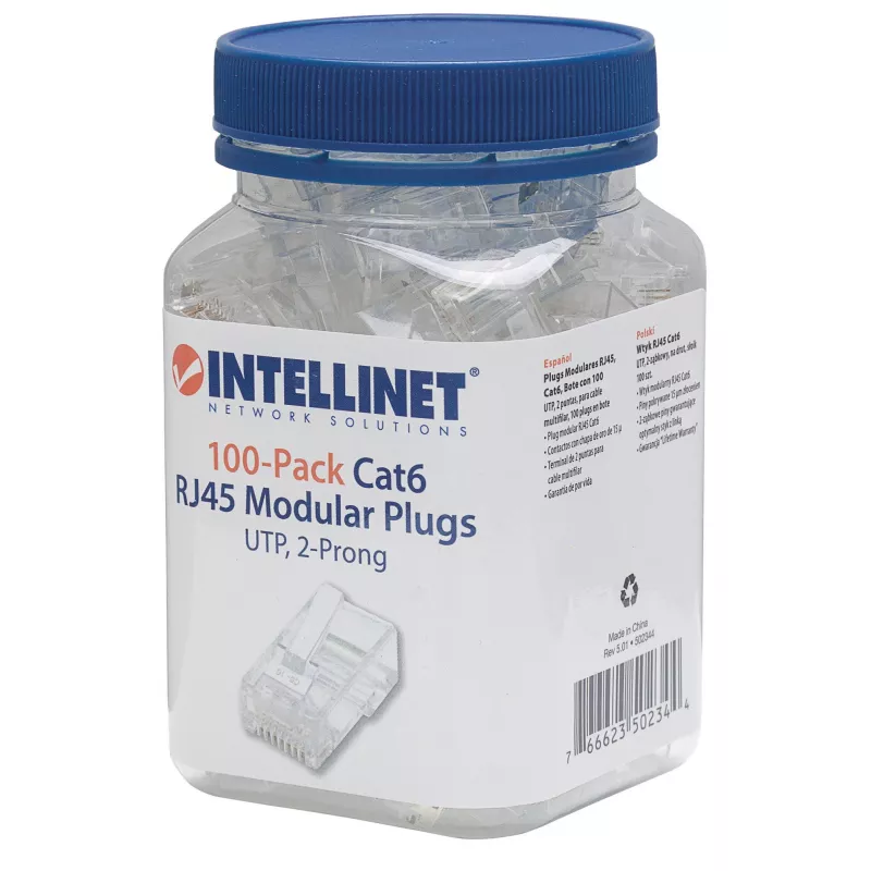 Intellinet RJ45 moduliniai kištukai, Cat6, UTP, 2 kontaktų, laidytajam kabeliui, 15 µ auksuoti kontaktai, 100 vnt. pakuotė