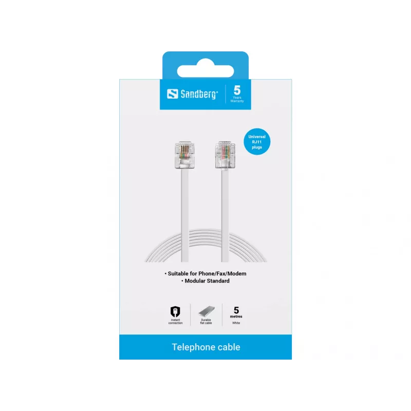 Sandberg Telephone RJ11-RJ11 5 m, 5 m, RJ11, RJ11, kištukas, kištukas, balta