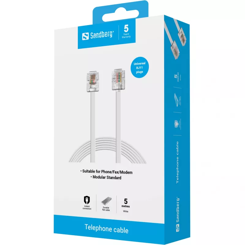 Sandberg Telephone RJ11-RJ11 5 m, 5 m, RJ11, RJ11, kištukas, kištukas, balta