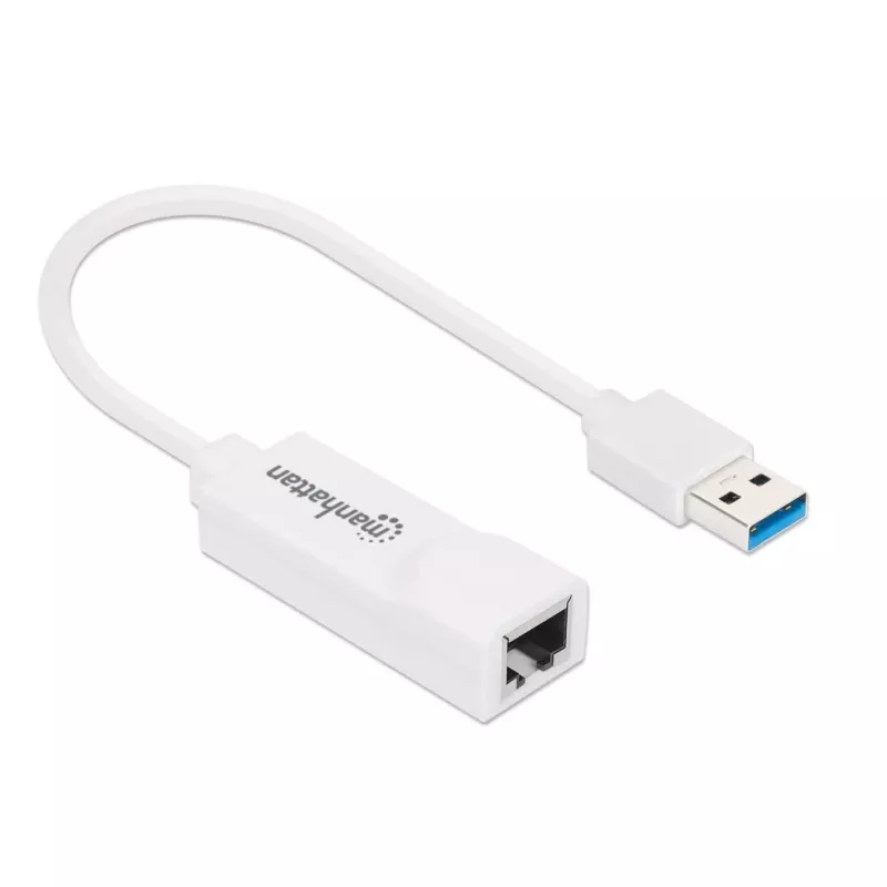 Manhattan USB-A gigabito tinklo adapteris, baltas, 10/100/1000 Mbps tinklas, USB 3.0, Ethernet, RJ45, trejų metų garantija, ekvivalentas USB31000SW