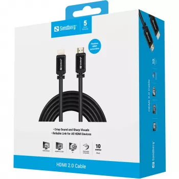 Sandberg HDMI 2.0 laidas 19M-19M, 10 m, HDMI tipas A (standartinis), HDMI tipas A (standartinis), juodas