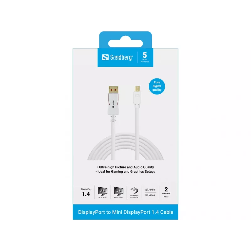 Sandberg DP-MiniDP 1.4 8K60Hz 2m, 2 m, DisplayPort, Mini DisplayPort, Kištukas, Kištukas, 7680 x 4320 pikselių