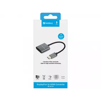 Sandberg DisplayPort 1.4 į HDMI 2.0 4K adapteris, DisplayPort, HDMI A tipo (standartinis), kištukas, lizdas, 3840 x 2160 pikselių, 6 Gbit/s