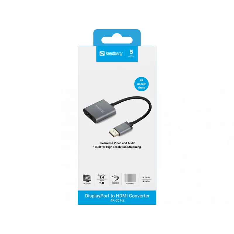 Sandberg DisplayPort 1.4 į HDMI 2.0 4K adapteris, DisplayPort, HDMI A tipo (standartinis), kištukas, lizdas, 3840 x 2160 pikselių, 6 Gbit/s