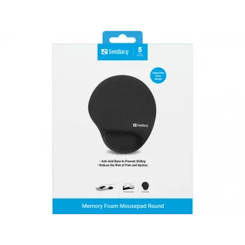 Sandberg Memory Foam pelėpad apvalus, juodas, vienspalvis, atminties putos, riešo atrama, neslystanti apačia