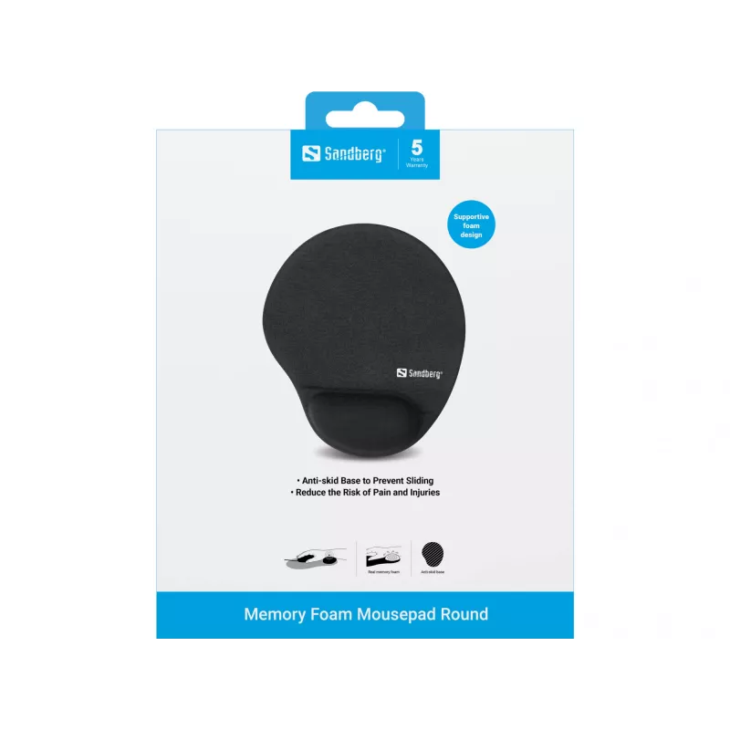 Sandberg Memory Foam pelėpad apvalus, juodas, vienspalvis, atminties putos, riešo atrama, neslystanti apačia