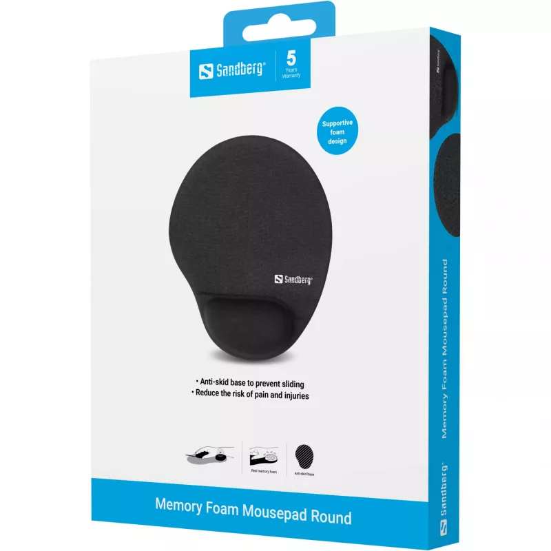Sandberg Memory Foam pelėpad apvalus, juodas, vienspalvis, atminties putos, riešo atrama, neslystanti apačia