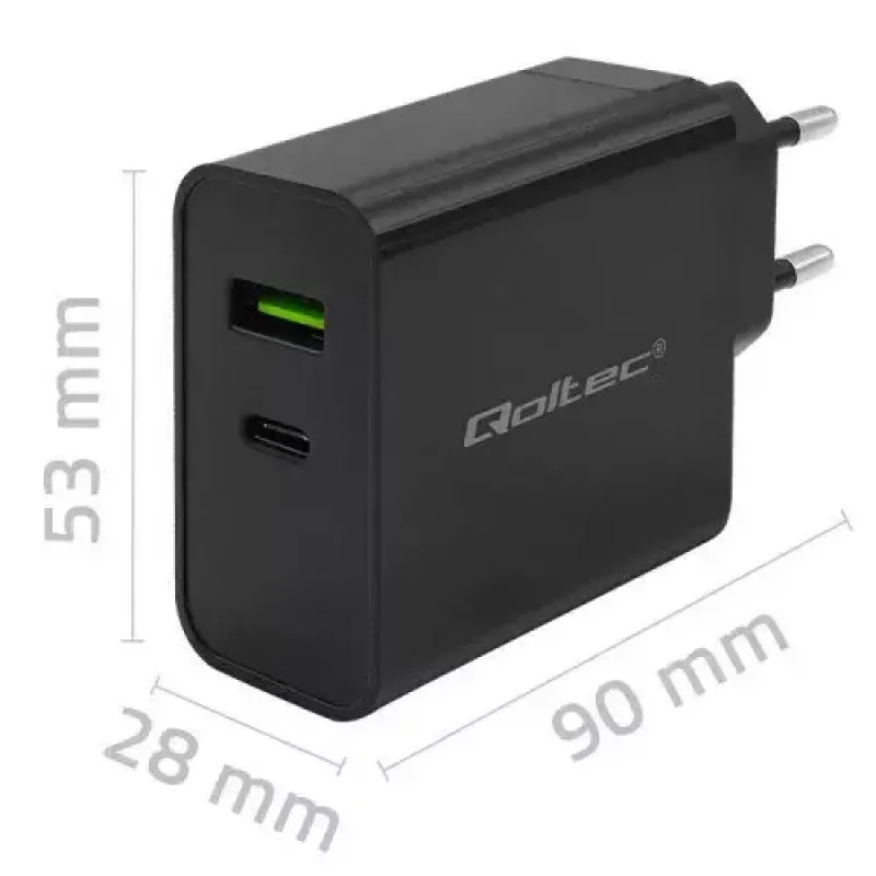 Įkroviklis Qoltec 52378 Vidinis AC Greitasis Įkrovimas 3A USB Type-C Juodas