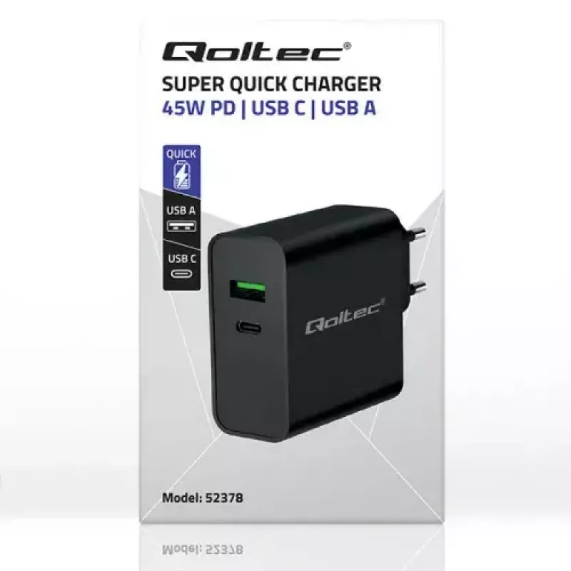Įkroviklis Qoltec 52378 Vidinis AC Greitasis Įkrovimas 3A USB Type-C Juodas