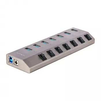 7 prievadų USB 3.2 Gen 1 (5 Gbps) šakotuvas | Individualūs prievadų įjungimo/išjungimo jungikliai | 1 m USB-C ir USB-A prijungimo laidai