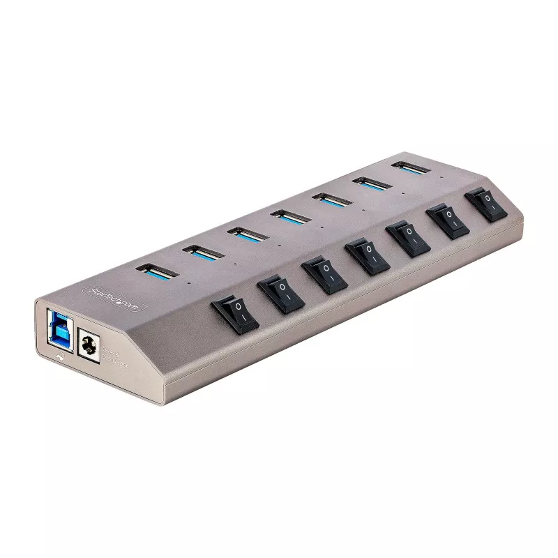 7 prievadų USB 3.2 Gen 1 (5 Gbps) šakotuvas | Individualūs prievadų įjungimo/išjungimo jungikliai | 1 m USB-C ir USB-A prijungimo laidai
