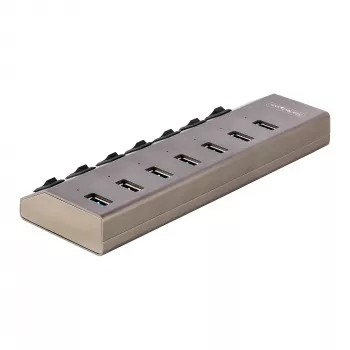 7 prievadų USB 3.2 Gen 1 (5 Gbps) šakotuvas | Individualūs prievadų įjungimo/išjungimo jungikliai | 1 m USB-C ir USB-A prijungimo laidai