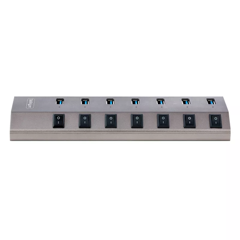 7 prievadų USB 3.2 Gen 1 (5 Gbps) šakotuvas | Individualūs prievadų įjungimo/išjungimo jungikliai | 1 m USB-C ir USB-A prijungimo laidai
