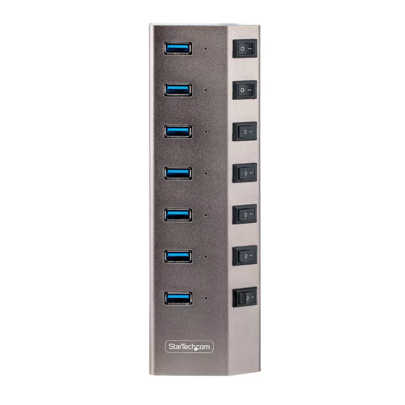 7 prievadų USB 3.2 Gen 1 (5 Gbps) šakotuvas | Individualūs prievadų įjungimo/išjungimo jungikliai | 1 m USB-C ir USB-A prijungimo laidai
