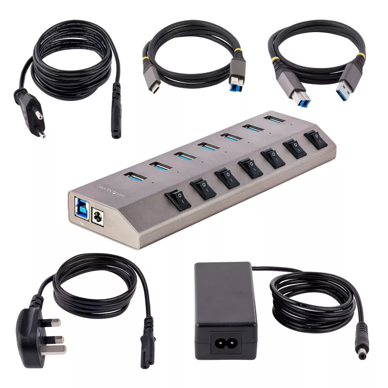 7 prievadų USB 3.2 Gen 1 (5 Gbps) šakotuvas | Individualūs prievadų įjungimo/išjungimo jungikliai | 1 m USB-C ir USB-A prijungimo laidai