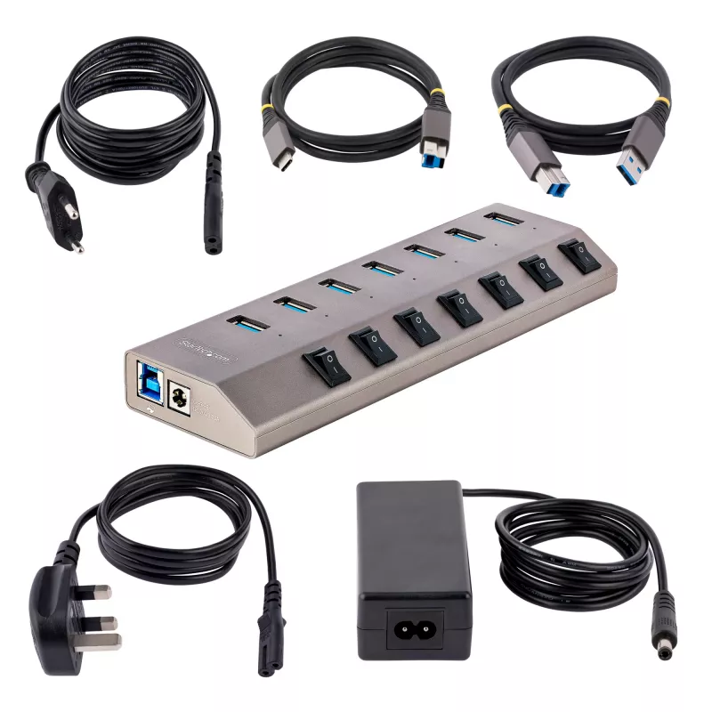 7 prievadų USB 3.2 Gen 1 (5 Gbps) šakotuvas | Individualūs prievadų įjungimo/išjungimo jungikliai | 1 m USB-C ir USB-A prijungimo laidai