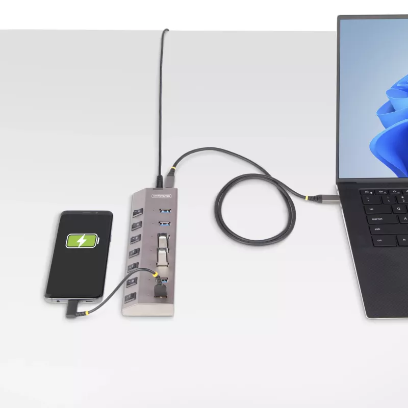 7 prievadų USB 3.2 Gen 1 (5 Gbps) šakotuvas | Individualūs prievadų įjungimo/išjungimo jungikliai | 1 m USB-C ir USB-A prijungimo laidai