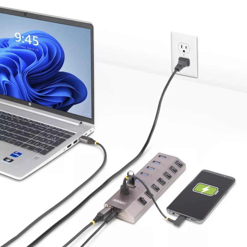 7 prievadų USB 3.2 Gen 1 (5 Gbps) šakotuvas | Individualūs prievadų įjungimo/išjungimo jungikliai | 1 m USB-C ir USB-A prijungimo laidai