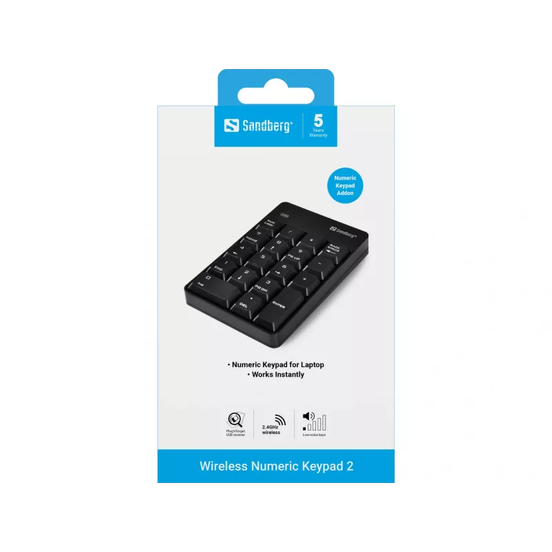 Sandberg Wireless Numeric Keypad 2, RF Wireless, 18, Laptop/PC, Juoda