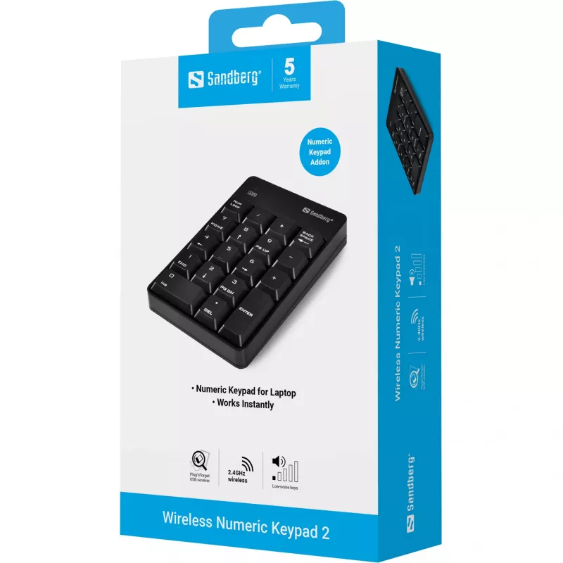 Sandberg Wireless Numeric Keypad 2, RF Wireless, 18, Laptop/PC, Juoda